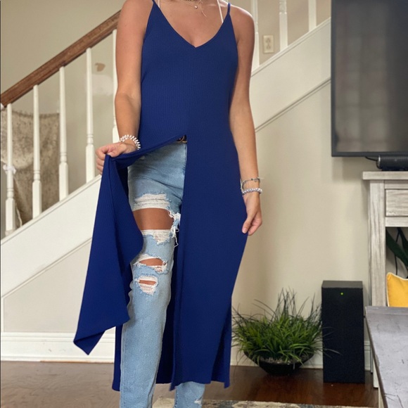 Free People Sunny Side Tank Ribbed Maxi Tunic Blue - Picture 3 of 4